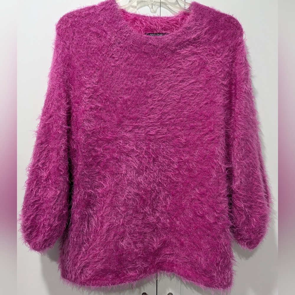 Nic+Zoe Fuzzy  Hot Pink Sweater Pullover Size Large 7/8 Sleeves